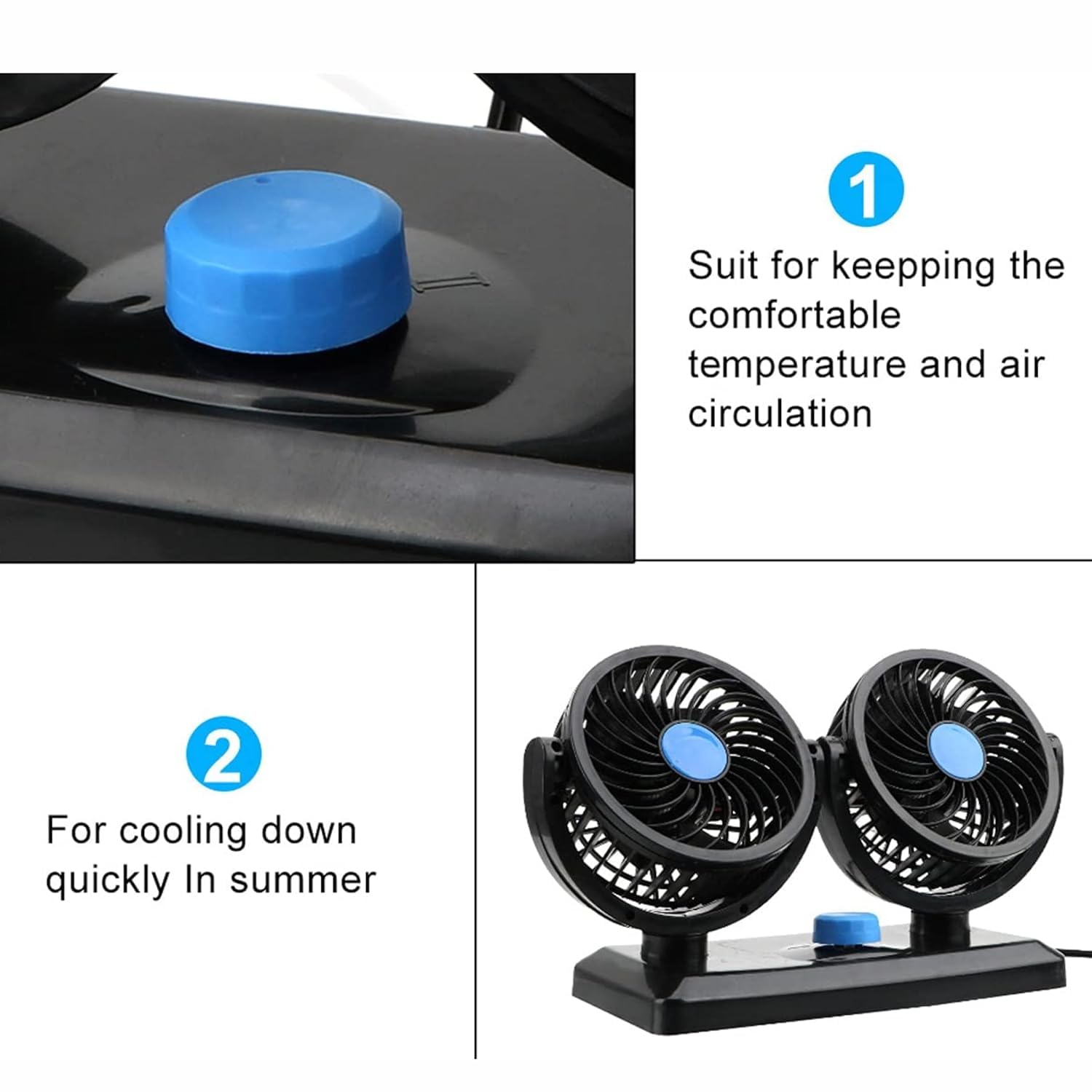 OBEROI'S TRADERS Car Dashboard Double Headed High Speed Wind Smooth Air Fan 2 Speed Power Rotation Adjustable 360 Degree Rotatable Head Cooling Air Fan Universal For All Cars