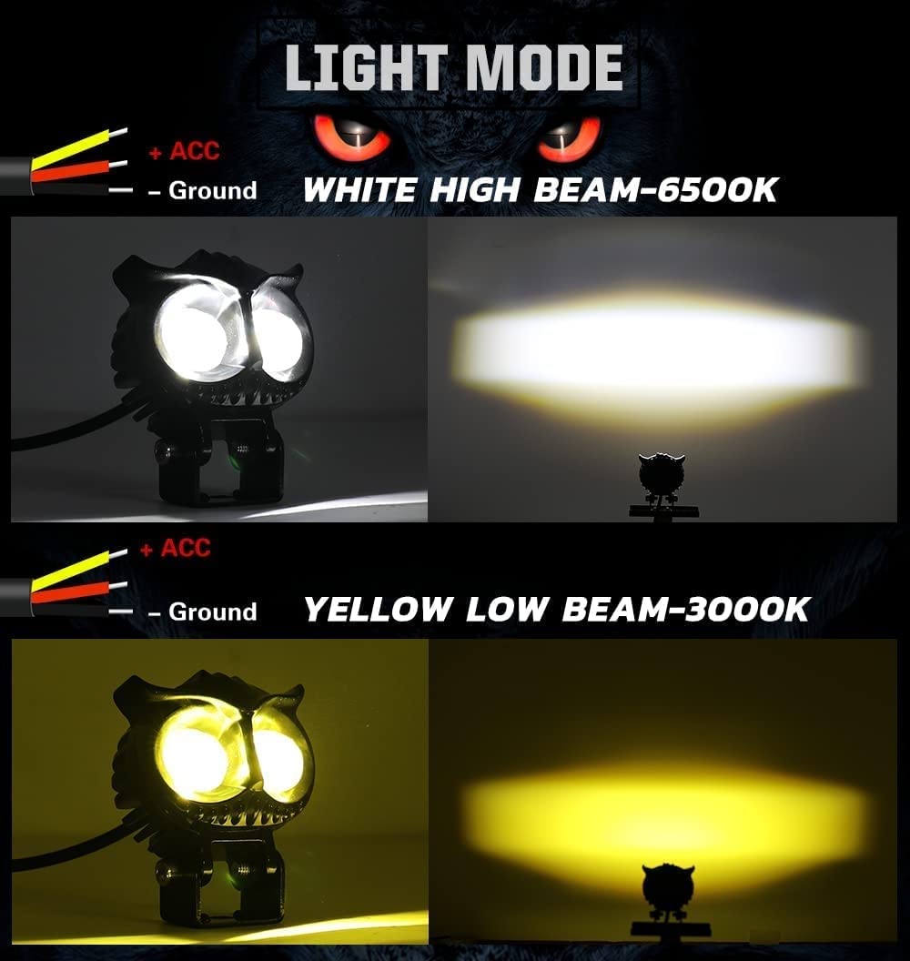 MIKANIX 1 YEAR WARRANTY 2 Led OWL Shape Fog White/Yellow light High & Low Beam | Flashing Mode With On-Off Switch | Fog Lamp, Dash Light, Motorbike, Car, LED