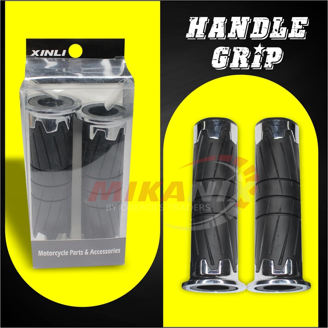 OBEROI'S TRADERS Premium Universal Handle Bar Hand Grip Anti-Slip Rubber with Aluminum Chrome for Bikes and Scooters