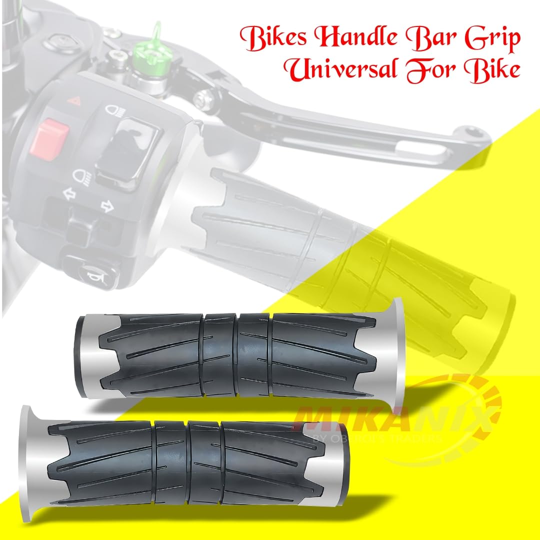 OBEROI'S TRADERS Premium Universal Handle Bar Hand Grip Anti-Slip Rubber with Aluminum Chrome for Bikes and Scooters