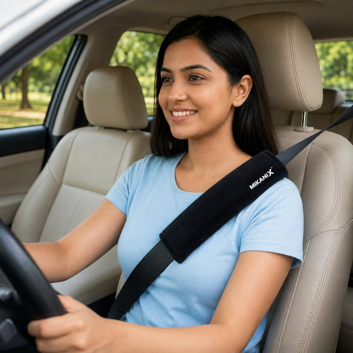 MIKANIX Car Seat Belt Shoulder Pad | Ultra Soft Fabric Suede Belt Cover | Universal Seat Belt Sleeve For Cars, SUVs & Vehicles | Reduces Shoulder Pressure & Neck Comfort for Daily & Long Drives