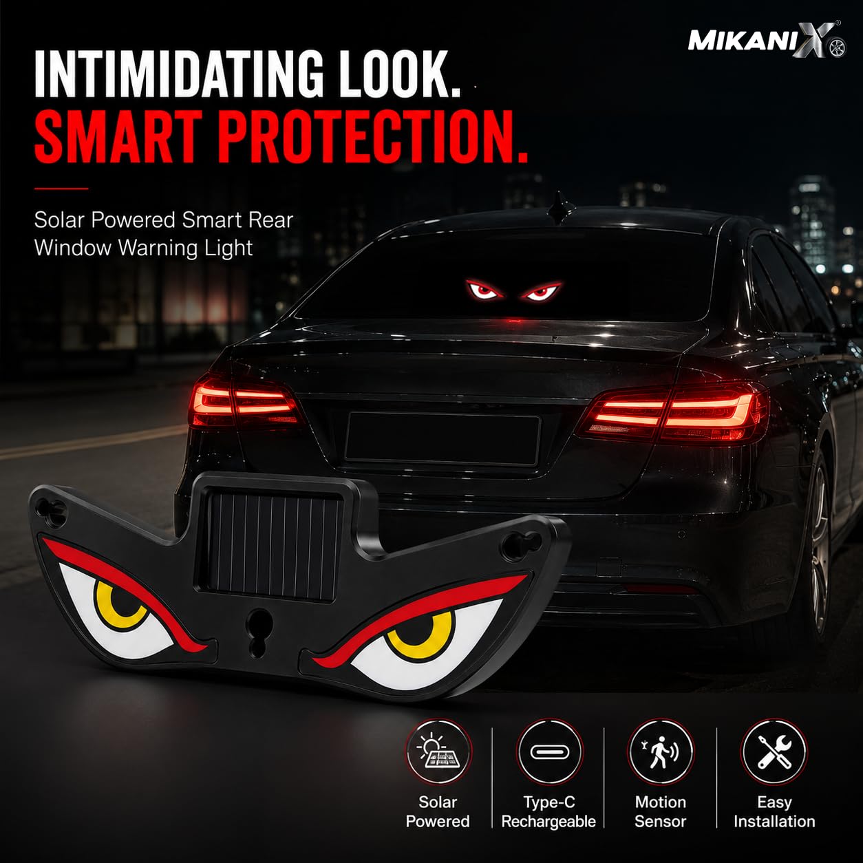MIKANIX LED Demon Eyes for Car | Solar Powered Wireless Evil Eye Window Light | Dynamic Windshield LED Lamp with Suction Cup Mount | Car Decoration for SUV, Truck, Van & RV