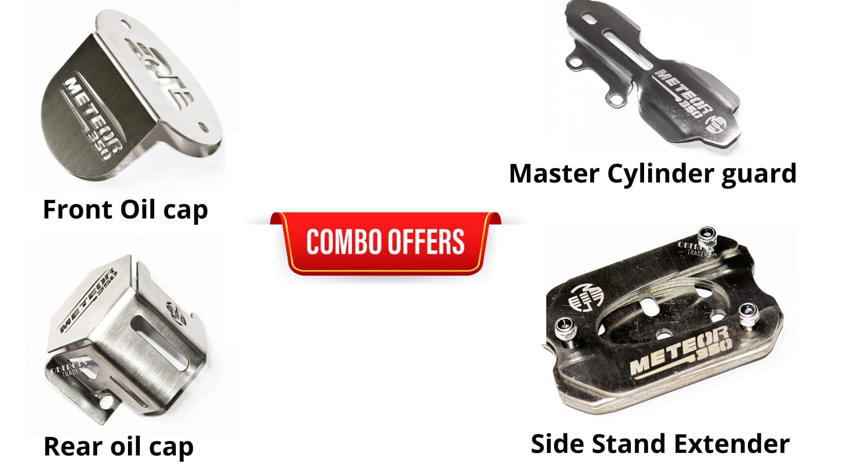 OBEROI'S TRADERS Meteor 350 Master Cylinder Guard, Front Oil Reservoir Cap, Side Stand Extender And Rear Brake Oil Container Guard Combo Accessories