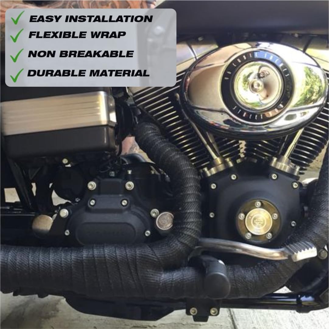 OBEROI'S TRADERS Combo of Universal Silencer Wrap | Bend Pipe Wrap | Bike Exhaust Heat Shield Protector with Clamp Compatible for Royal Enfield Classic, Electra Twinspark, Standard (6 Mtr, Black)