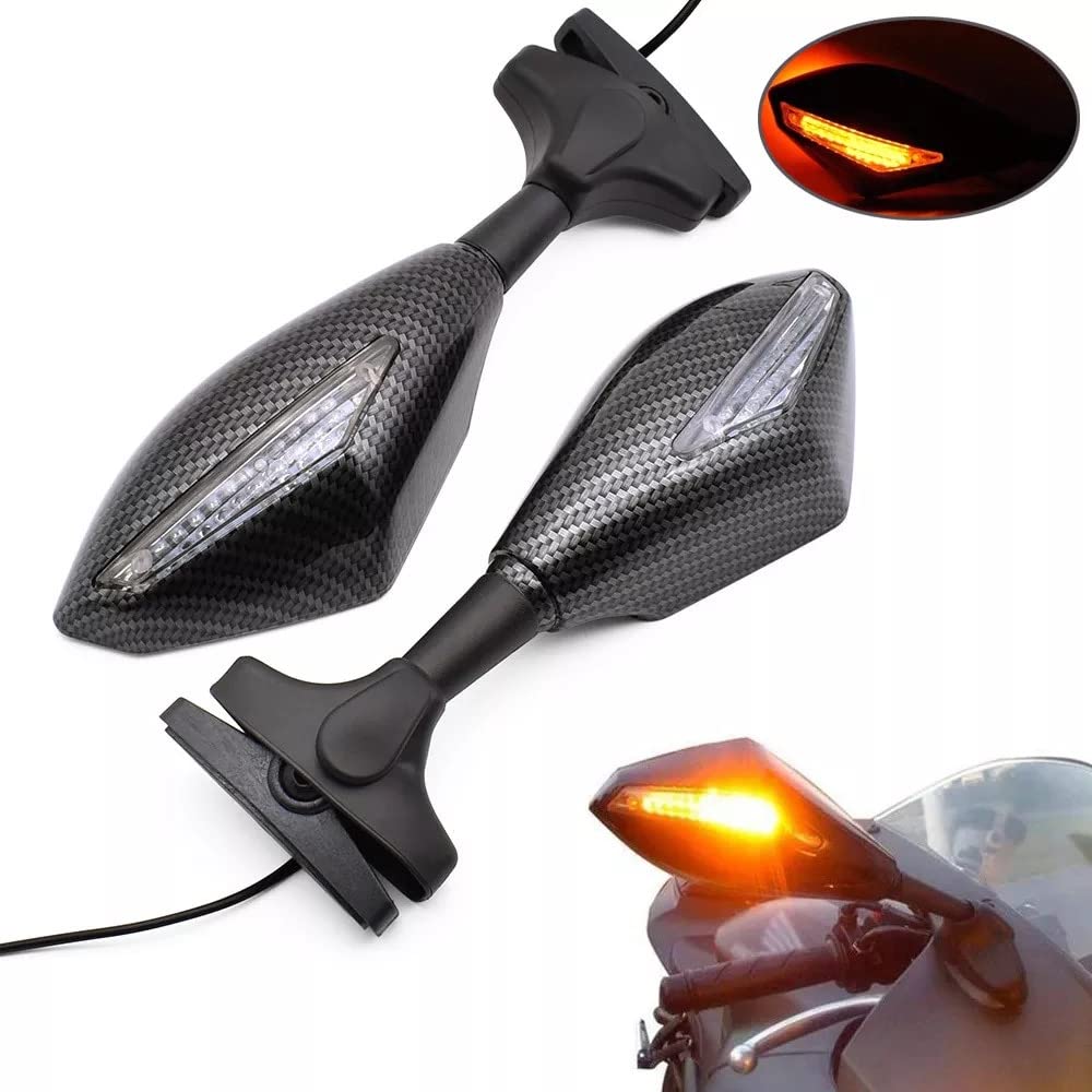 MIKANIX Universal Dual Side LED Light Turn Signal Carbon Mirror With 360° Adjustable Handlebar Rear View Mirror