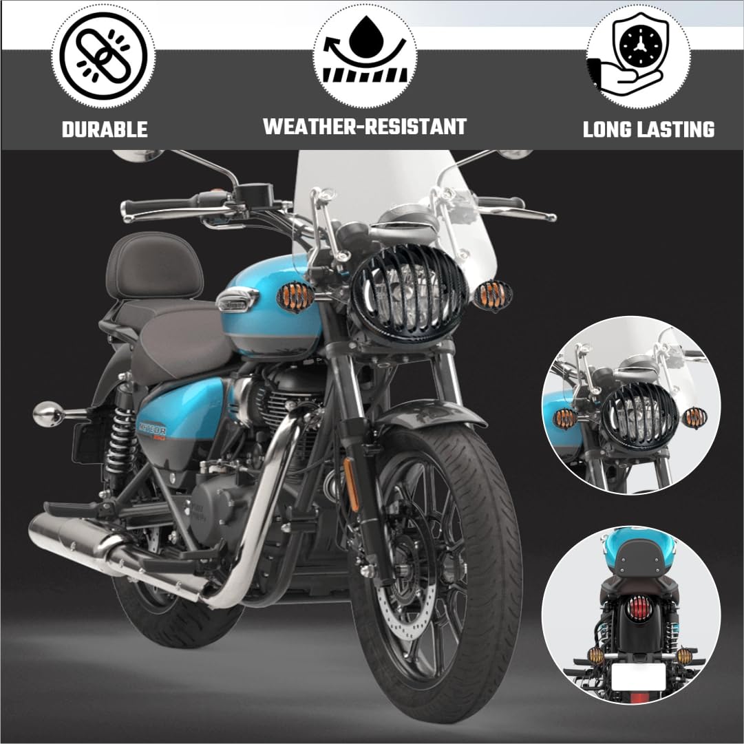 MIKANIX Meteor 350 Bike CNC Metal Front Rear Headlight Grill/Jali Cover Set with Tail Lamp, Indicator Cup Compatible Only For Royal Enfield Meteor 350