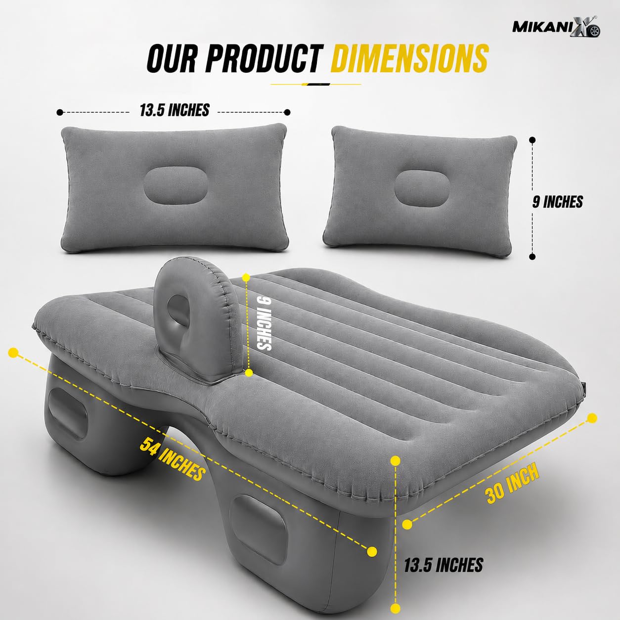 MIKANIX Inflatable Car Mattress Back Seat Air Bed for SUV, Sedan & Truck Travel | Portable Camping Air Mattress Bed with Portable Electric Air Pump, 2 Pillows, Repair Kit & Head Protection