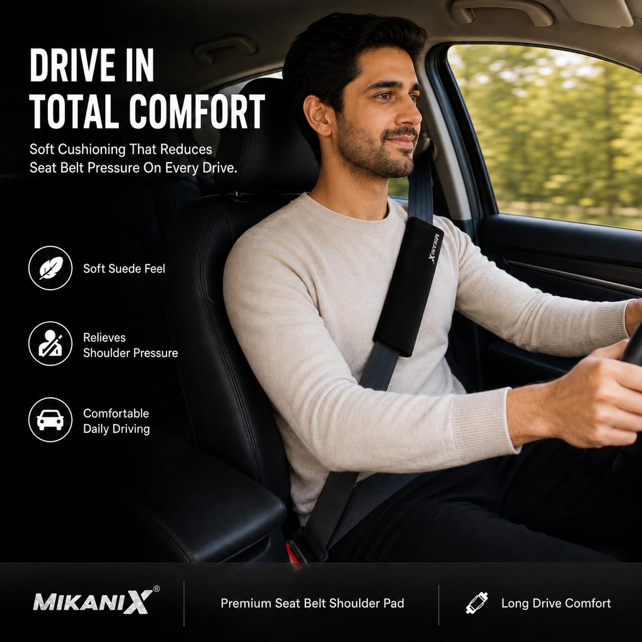 MIKANIX Car Seat Belt Shoulder Pad | Ultra Soft Fabric Suede Belt Cover | Universal Seat Belt Sleeve For Cars, SUVs & Vehicles | Reduces Shoulder Pressure & Neck Comfort for Daily & Long Drives