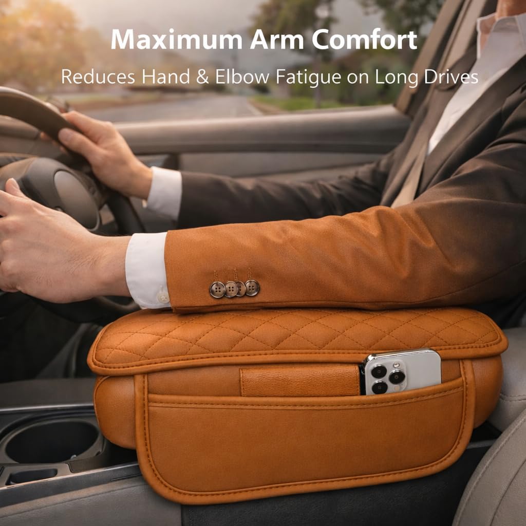 MIKANIX  Premium Car Seat Arm Rest Pad | PU Leather Center Console Cushion with Dual Phone Pockets | Arm Support & Seat Box Protector | Universal Fit for SUV, Truck, Car