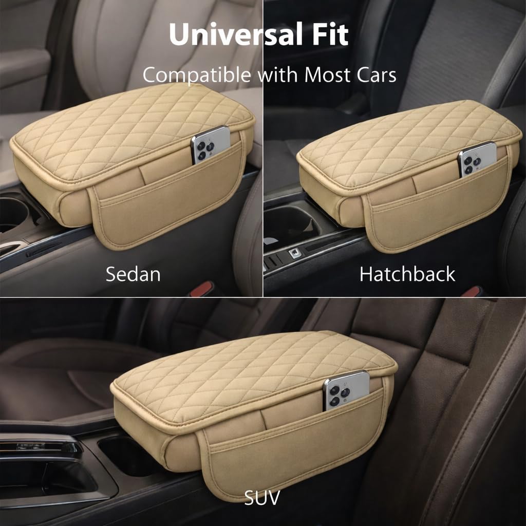 MIKANIX  Premium Car Seat Arm Rest Pad | PU Leather Center Console Cushion with Dual Phone Pockets | Arm Support & Seat Box Protector | Universal Fit for SUV, Truck, Car