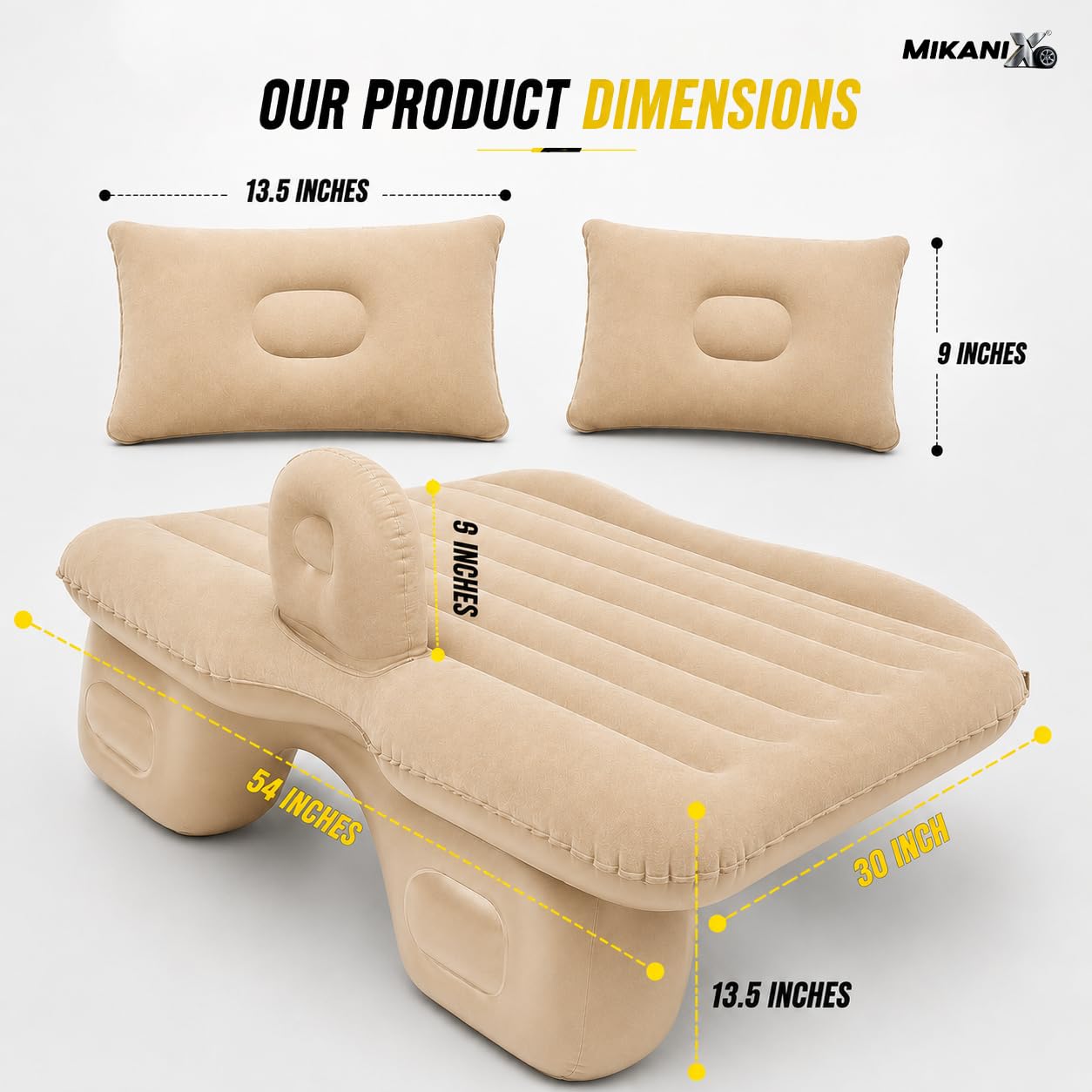 MIKANIX Inflatable Car Mattress Back Seat Air Bed for SUV, Sedan & Truck Travel | Portable Camping Air Mattress Bed with Portable Electric Air Pump, 2 Pillows, Repair Kit & Head Protection