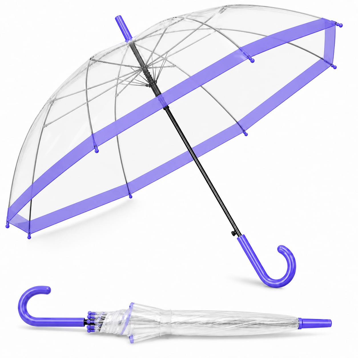 MIKANIX Transparent Dome Rain Umbrella with Trim & Curved Handle | Windproof Clear Design for Men & Women | Lightweight Portable (MULTICOLOR)