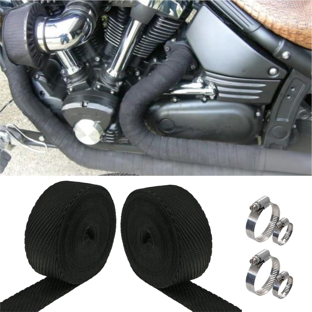 OBEROI'S TRADERS Combo of Universal Silencer Wrap | Bend Pipe Wrap | Bike Exhaust Heat Shield Protector with Clamp Compatible for Royal Enfield Classic, Electra Twinspark, Standard (6 Mtr, Black)