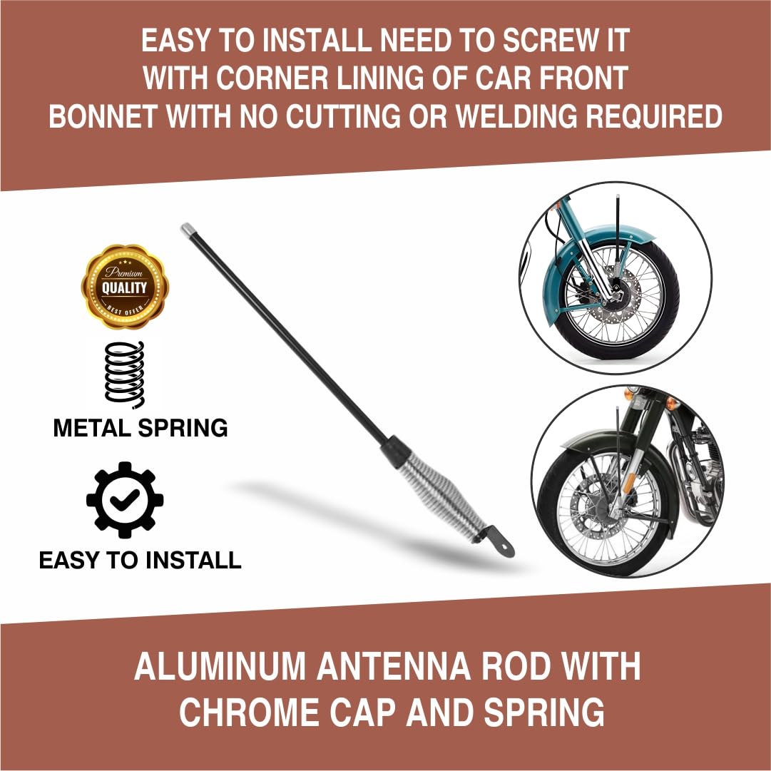 OBEROI'S TRADERS Bike Universal Decorative Front | Rear Aluminium Spring Antenna/Aerial Rod with Chrome Cap for Royal Enfield Bullet, Harley Davidson, Bajaj Avenger Motorcycle