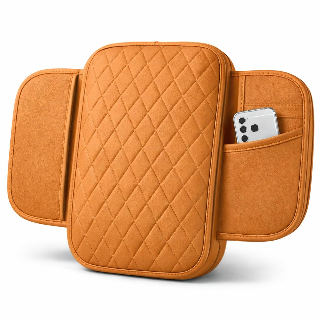 MIKANIX  Premium Car Seat Arm Rest Pad | PU Leather Center Console Cushion with Dual Phone Pockets | Arm Support & Seat Box Protector | Universal Fit for SUV, Truck, Car