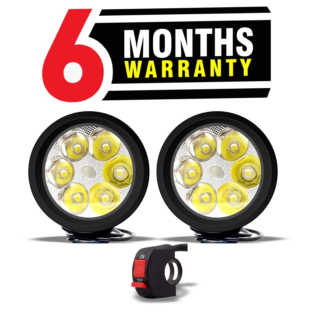 MIKANIX 6 LED Round Cap Fog Lights/Lamp Pair for Bikes and Cars High Brightness With On/Off Switch Button