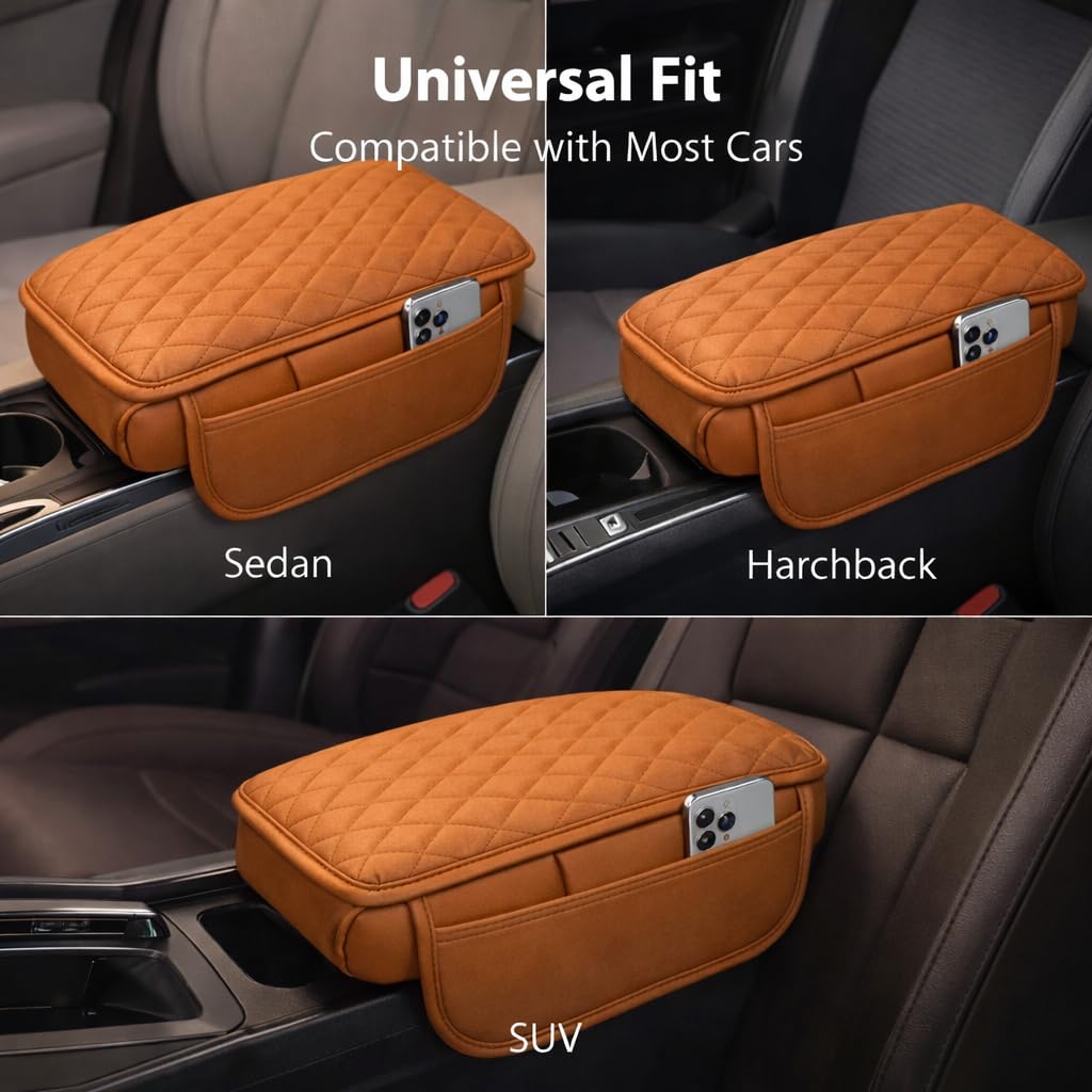 MIKANIX  Premium Car Seat Arm Rest Pad | PU Leather Center Console Cushion with Dual Phone Pockets | Arm Support & Seat Box Protector | Universal Fit for SUV, Truck, Car