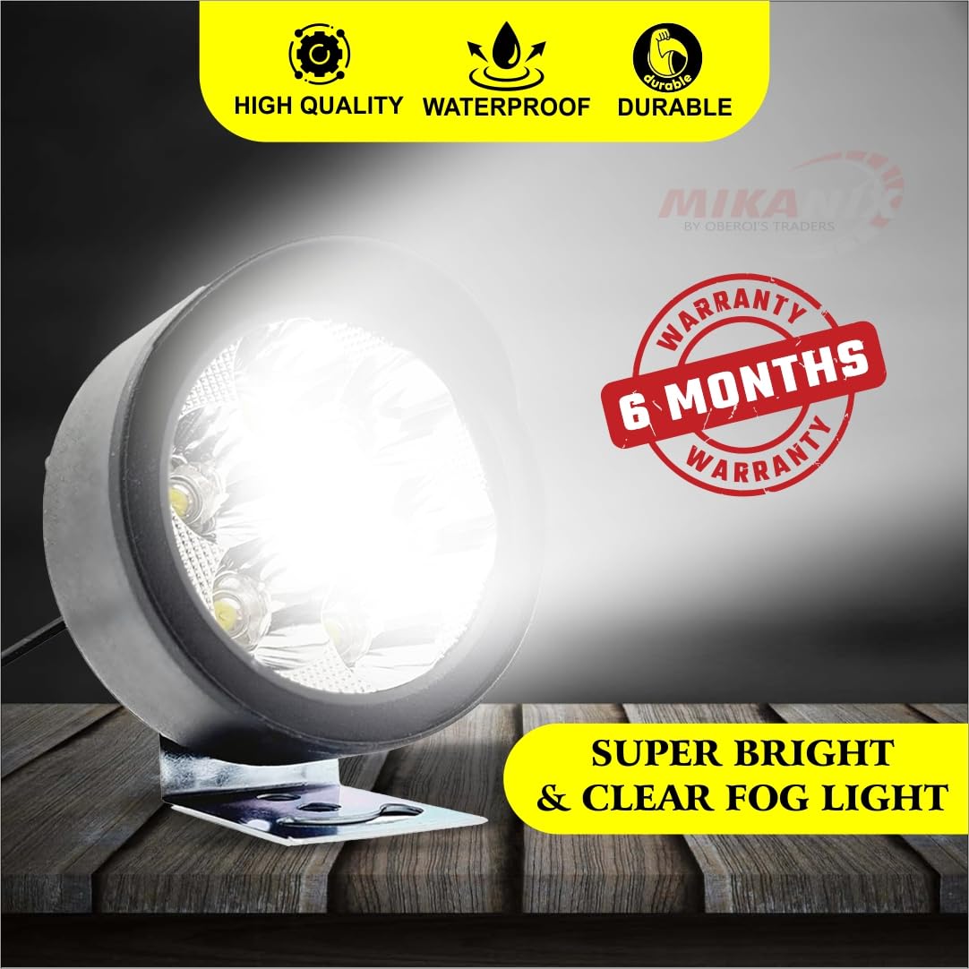 MIKANIX 6 LED Round Cap Fog Lights/Lamp Pair for Bikes and Cars High Brightness with Heavy Clamps and ABS Plastic (6 LED CAP)
