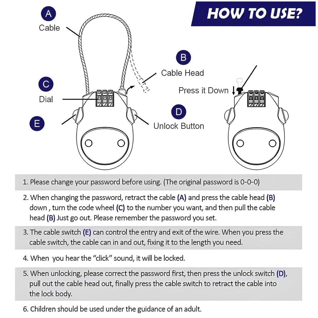 OBEROI'S TRADERS Multipurpose Unbreakable Number Security Helmet Lock | for Luggage | Suitcases | Backpacks | Bicycle with Extendable Cable