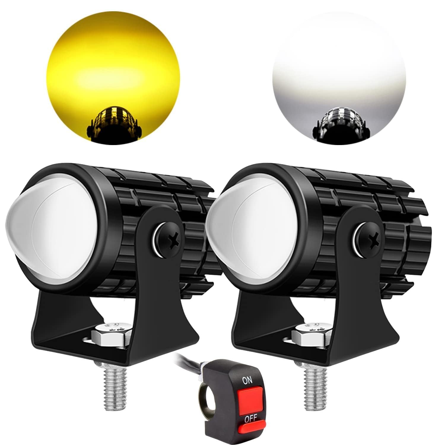 MIKANIX Mini Drive LED Fog Light Lamp | Projector Lens Spotlight | High & Low Beam | White & Yellow Light With On/Off Switch For All Motorbike, Cars, SUV, ATV