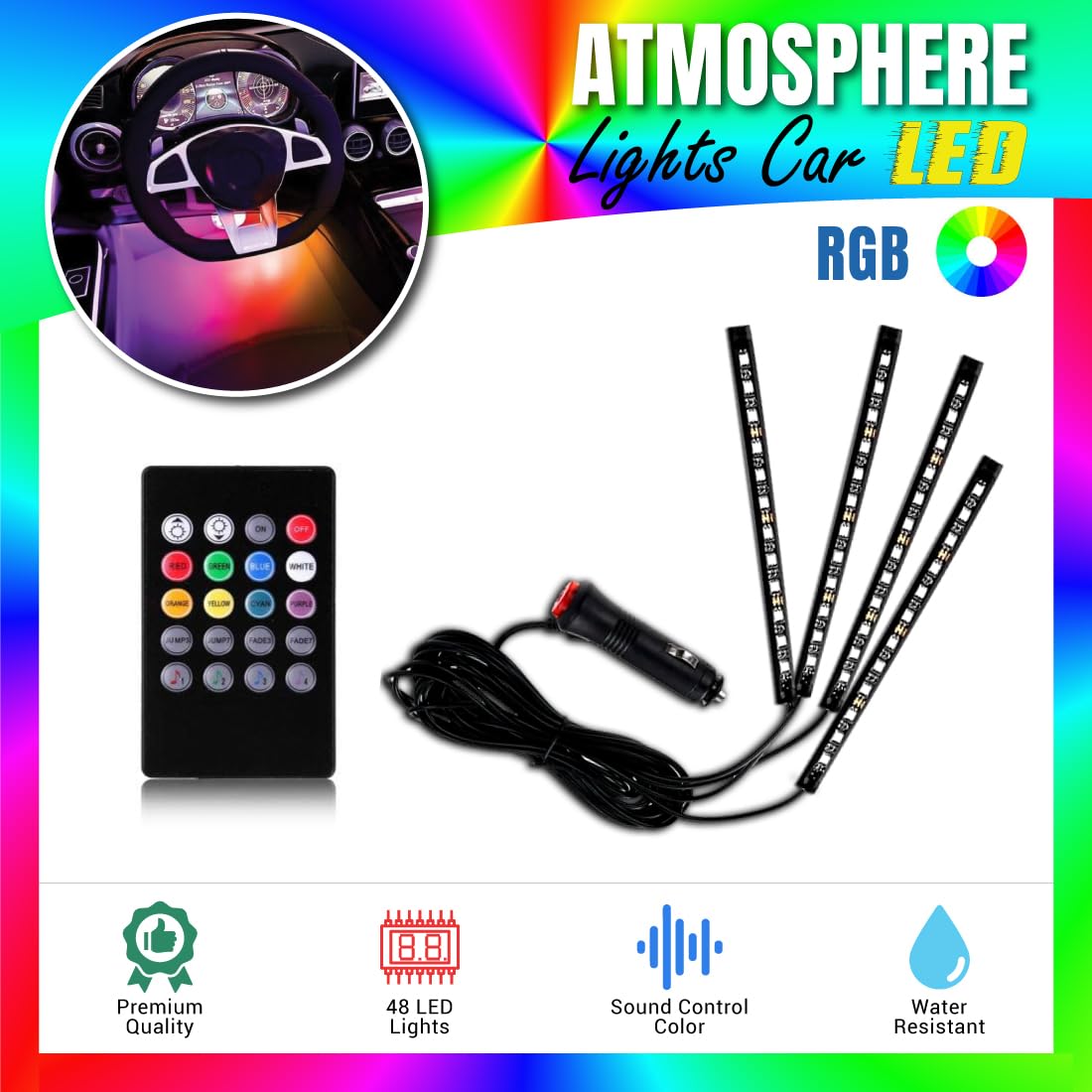 MIKANIX Multicolor Car Dashboard Interior 48 Led Atmophere RGB Light with 4 Strip & Remote for All Cars