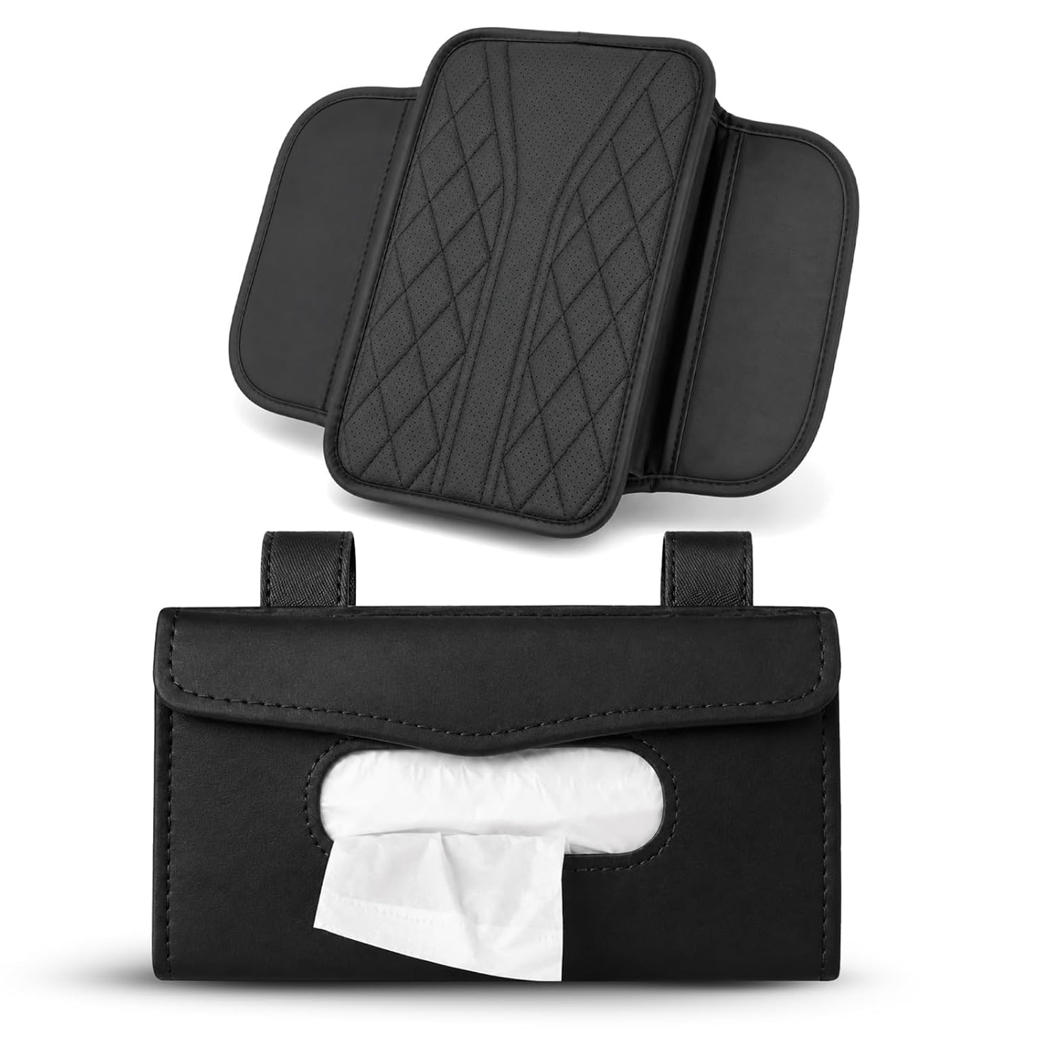 MIKANIX Premium Car Armrest Cushion & Visor Tissue Holder Set | Luxury PU Leather Auto Interior Organizer Combo