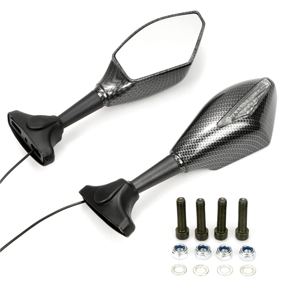 MIKANIX Universal Dual Side LED Light Turn Signal Carbon Mirror With 360° Adjustable Handlebar Rear View Mirror