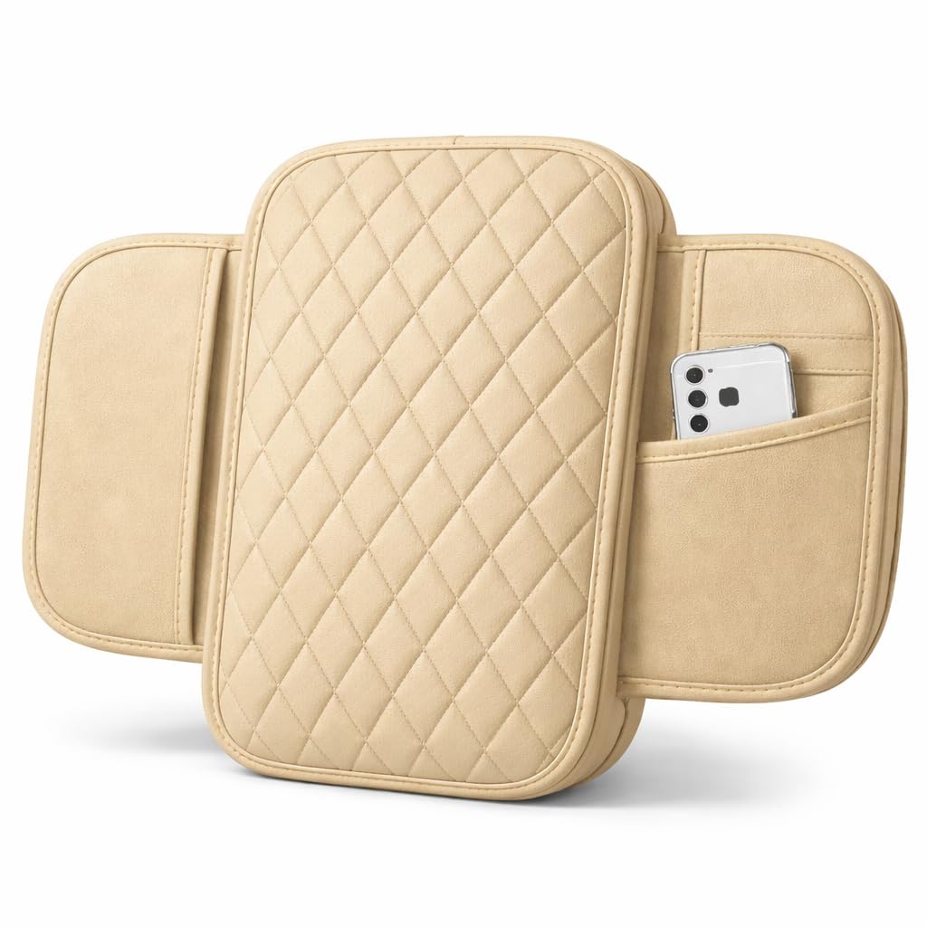 MIKANIX  Premium Car Seat Arm Rest Pad | PU Leather Center Console Cushion with Dual Phone Pockets | Arm Support & Seat Box Protector | Universal Fit for SUV, Truck, Car