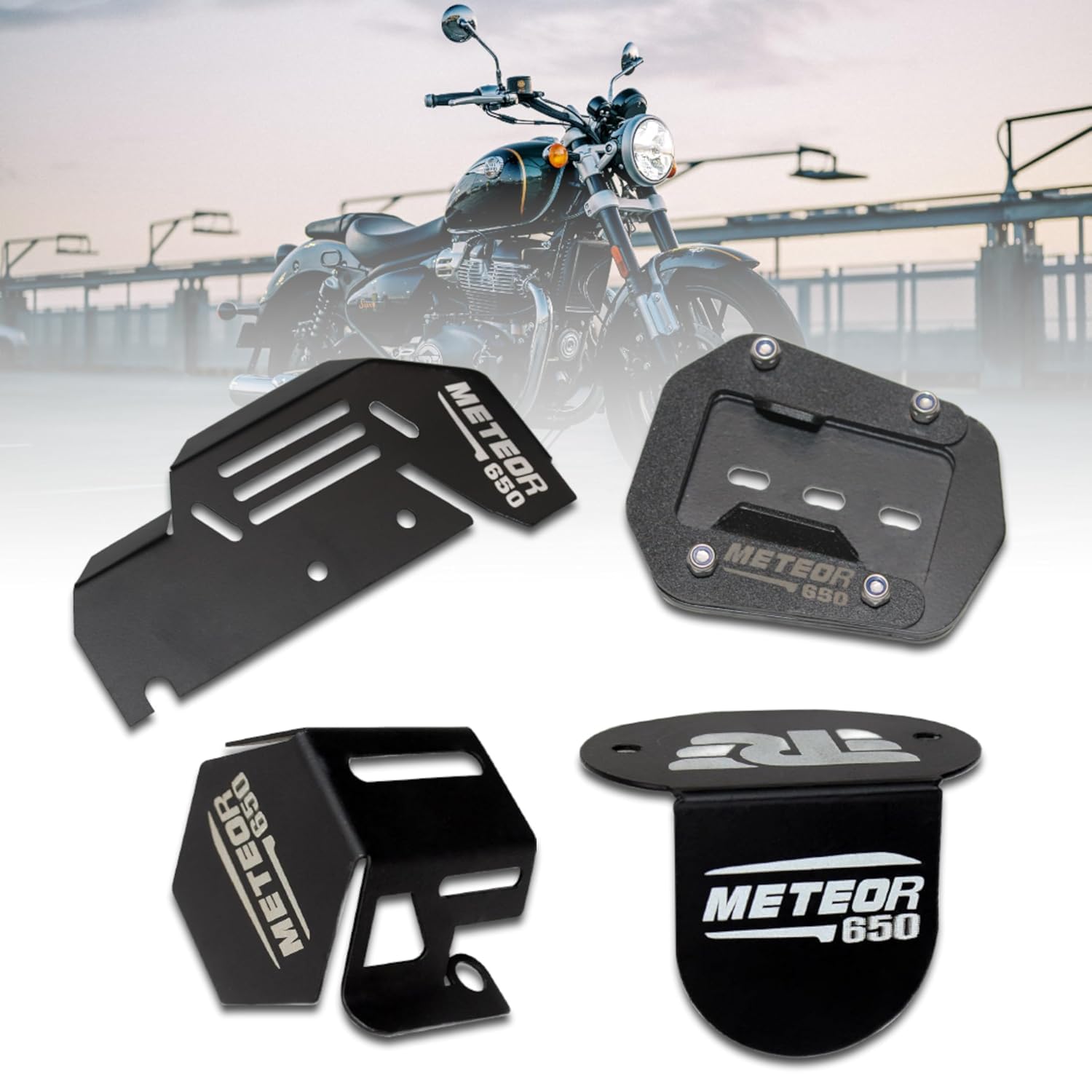 MIKANIX Combo of Complete Accessories for RE Meteor 650 Side Stand Extender, Front & Rear Oil Cap Container Guard, Master Cylinder Guard Big