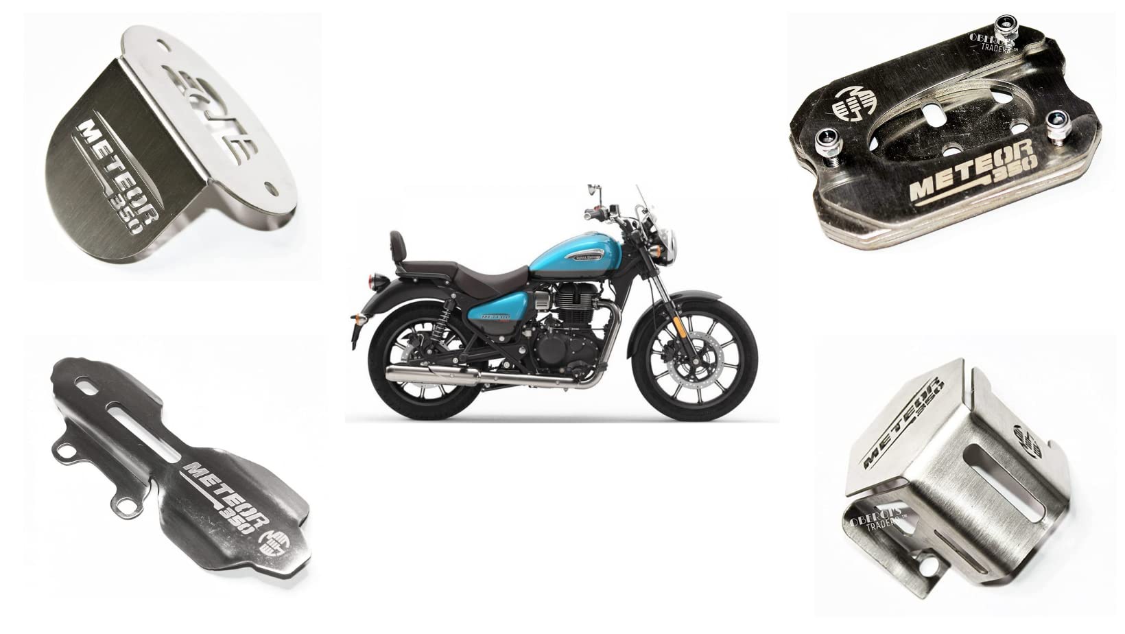 OBEROI'S TRADERS Meteor 350 Master Cylinder Guard, Front Oil Reservoir Cap, Side Stand Extender And Rear Brake Oil Container Guard Combo Accessories