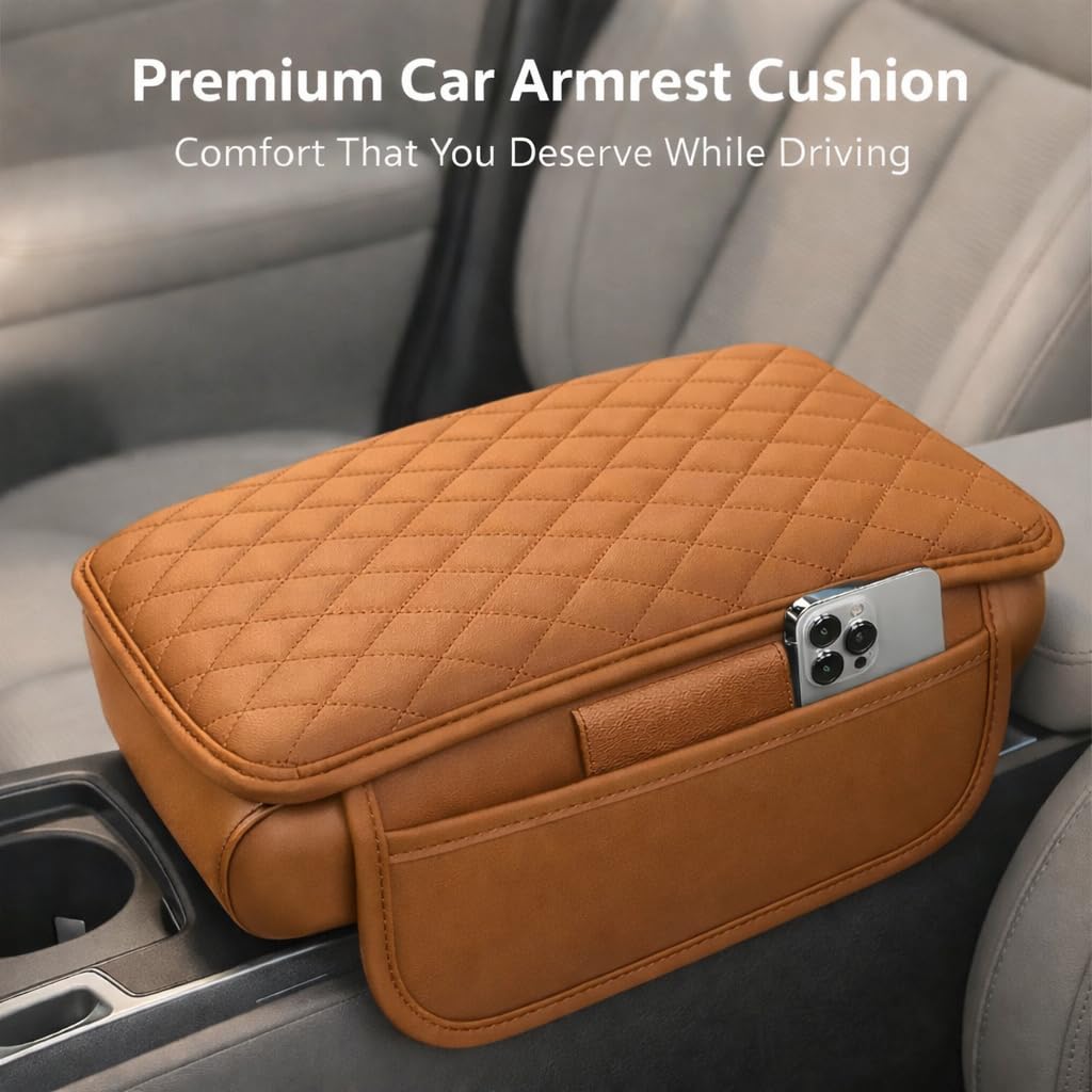 MIKANIX  Premium Car Seat Arm Rest Pad | PU Leather Center Console Cushion with Dual Phone Pockets | Arm Support & Seat Box Protector | Universal Fit for SUV, Truck, Car