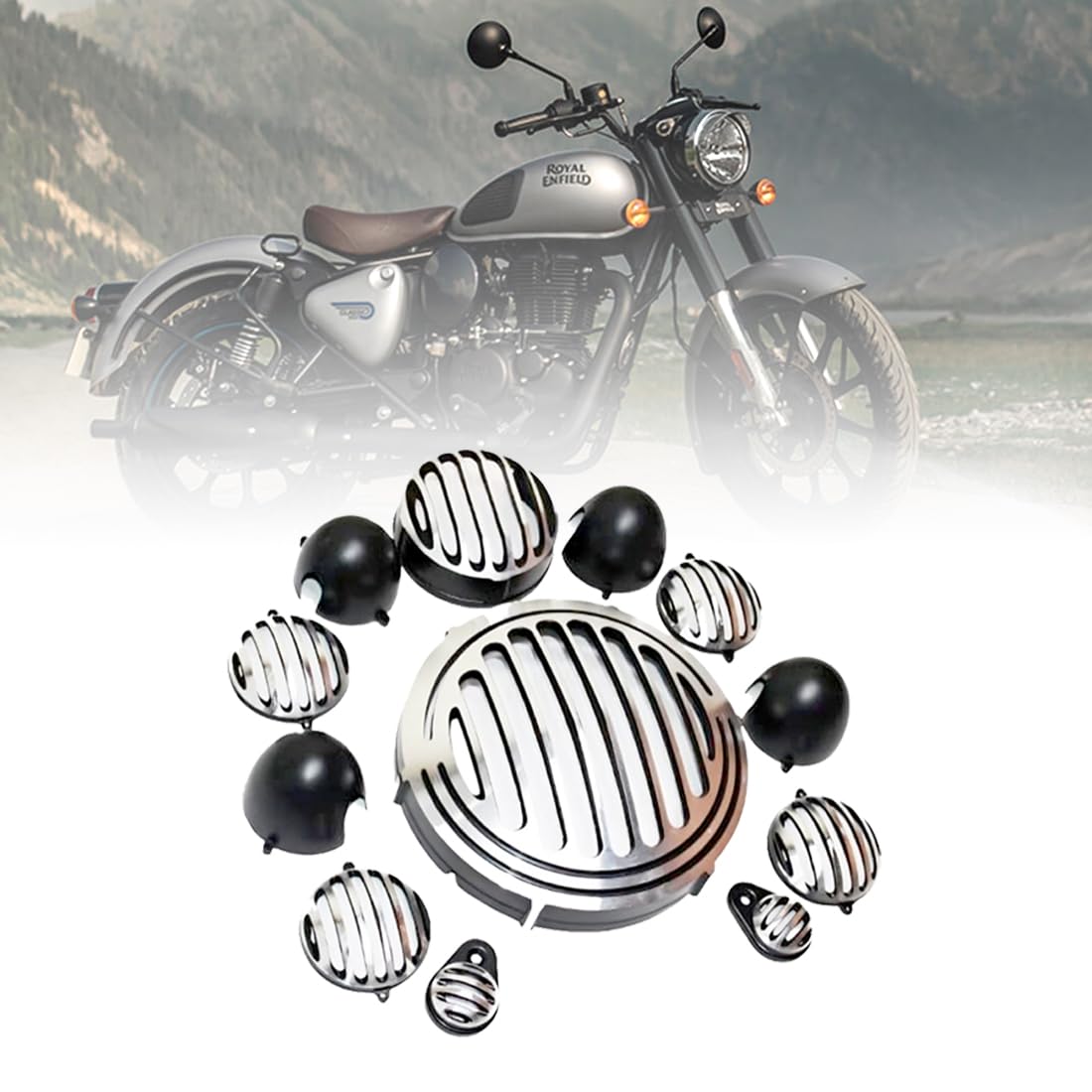 MIKANIX CNC Metal Front Rear Headlight Grill/Jali Cover Set with Tail Lamp, Indicator, Pivot Eyes Cup Compatible with Royal Enfield Classic Reborn 350