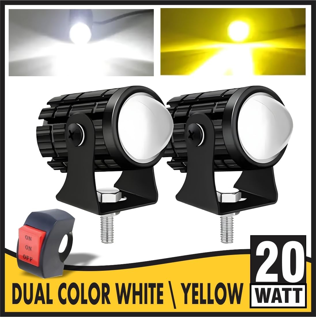 MIKANIX Mini Drive LED Fog Light Lamp | Projector Lens Spotlight | High & Low Beam | White & Yellow Light With On/Off Switch For All Motorbike, Cars, SUV, ATV