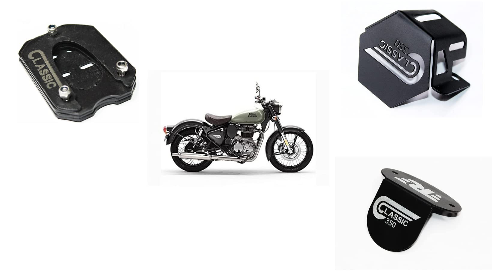 Classic Reborn 350 Front Oil Reservoir Cap, Side Stand Extender and Rear Brake Oil Container Guard Combo Accessories (Pack of 3)