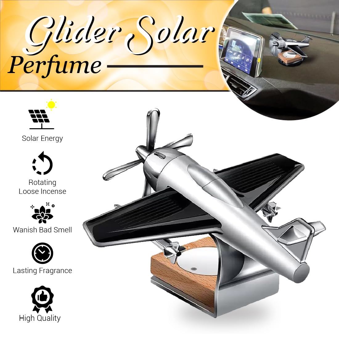 OBEROI'S TRADERS Traders Solar Energy Rotating Car Dashboard Air Freshener/Perfume Diffuser/Dispenser | Glider Design, Auto Rotation Fan With Perfume Liquid Car Interior & Home Air Freshener, 1 Count