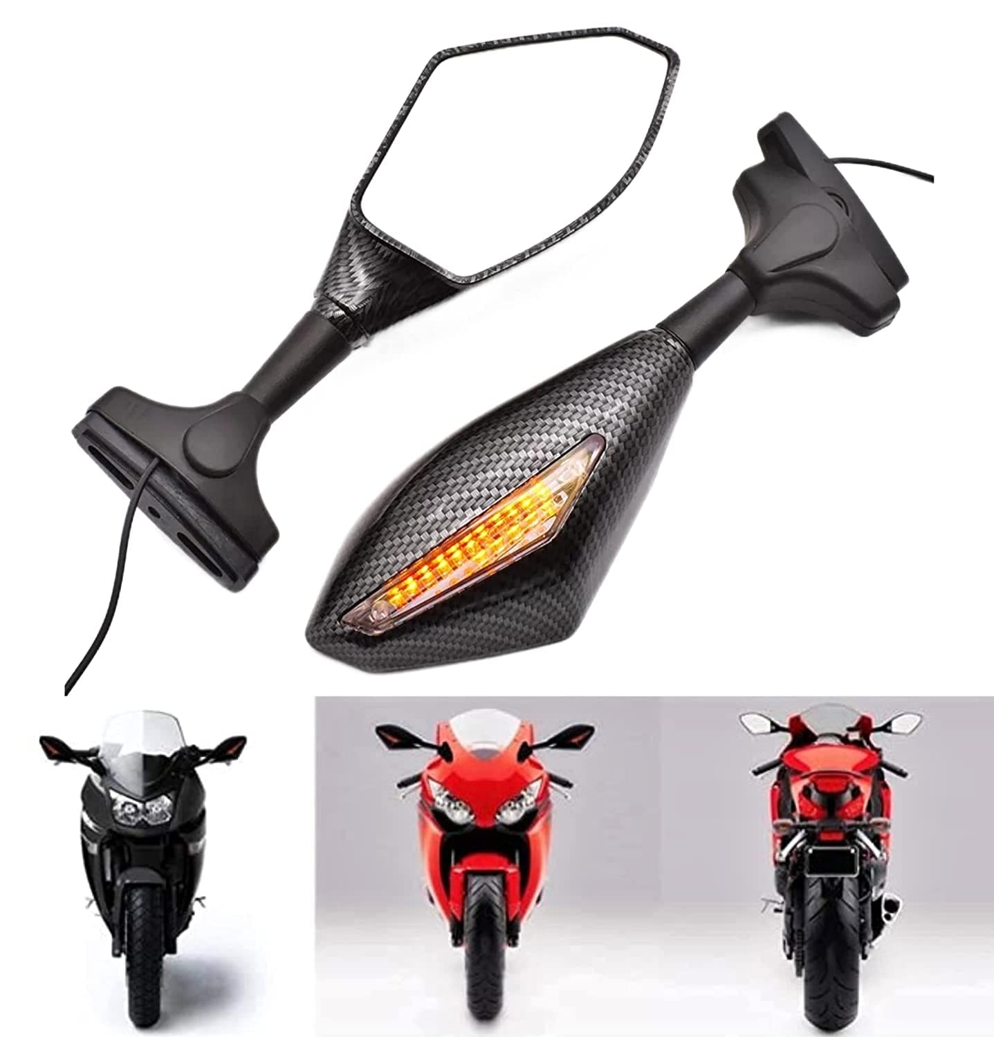 MIKANIX Universal Dual Side LED Light Turn Signal Carbon Mirror With 360° Adjustable Handlebar Rear View Mirror