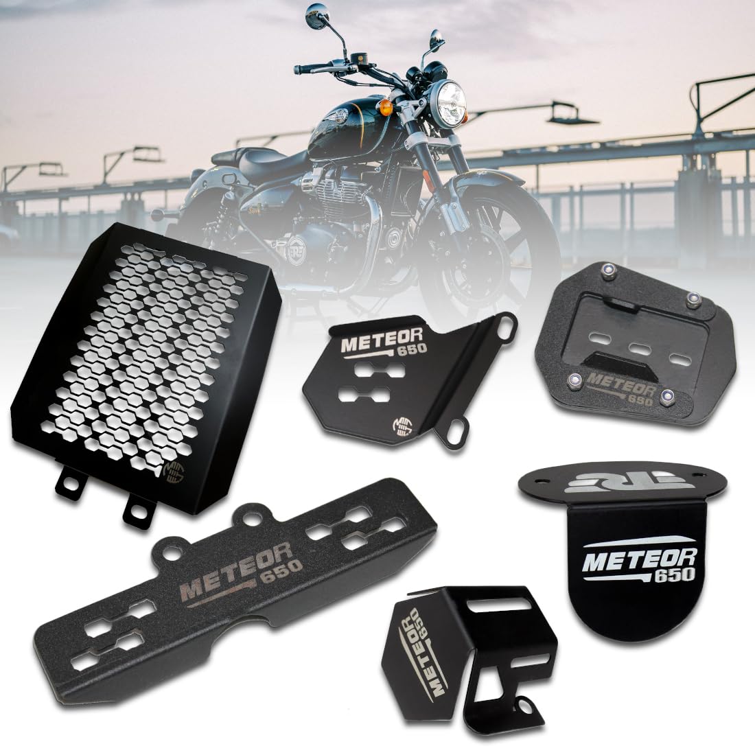 OBEROI'S TRADERS Combo of Complete Accessories Set for Super Meteor 650 Front & Rear Oil Container Guard, Radiator Grill, Side Stand, Rear Master Cylinder & Disc Brake Caliper Guard (Pack of 6)