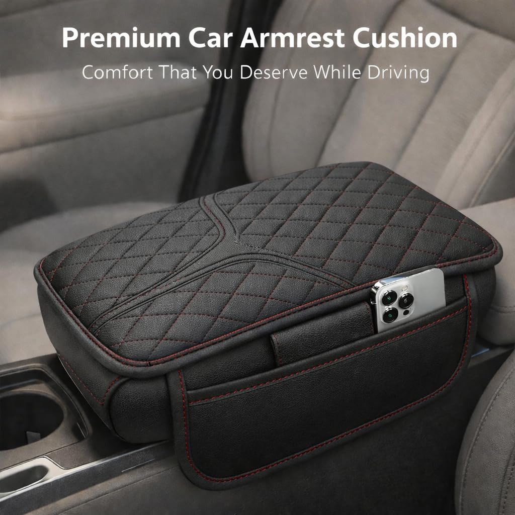 MIKANIX  Premium Car Seat Arm Rest Pad | PU Leather Center Console Cushion with Dual Phone Pockets | Arm Support & Seat Box Protector | Universal Fit for SUV, Truck, Car