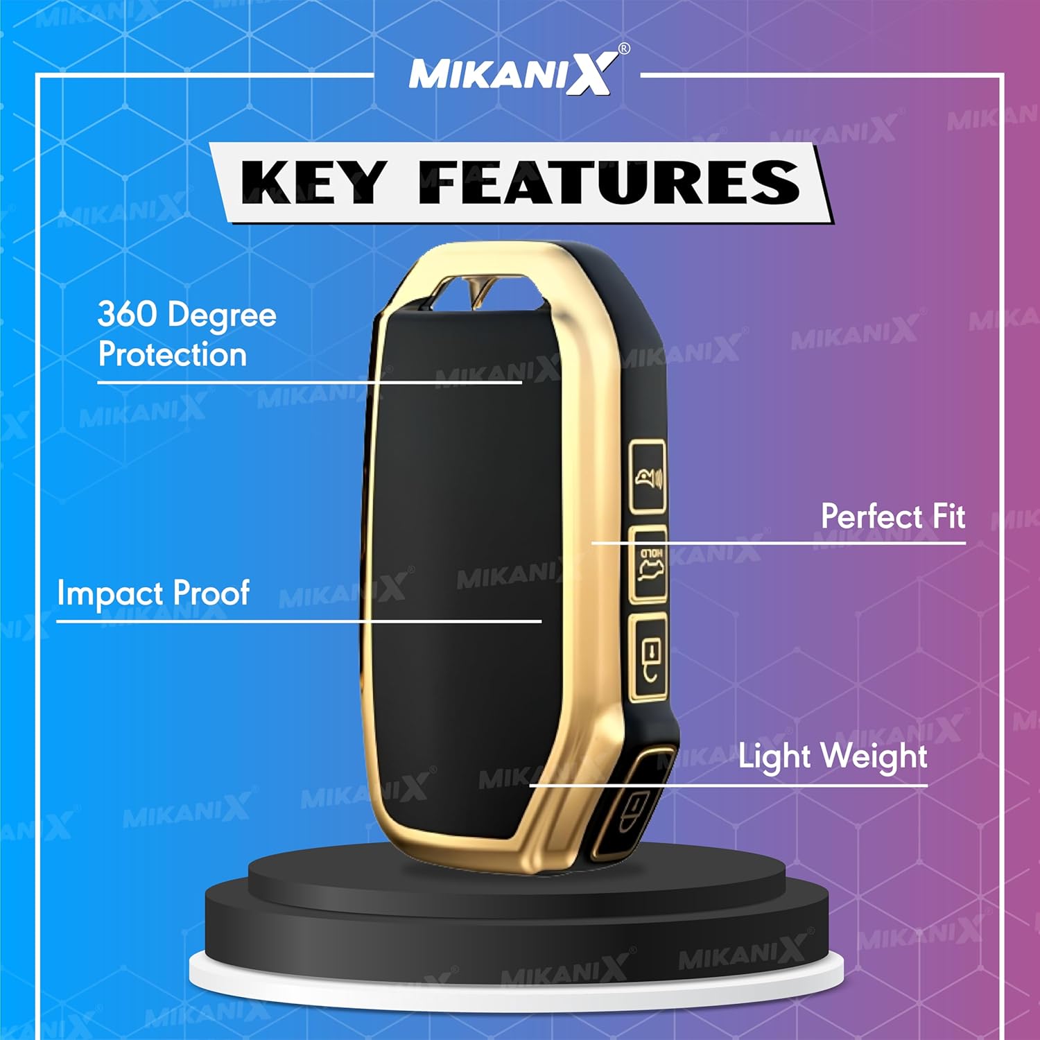 MIKANIX Premium Key Cover Compatible with Kia Seltos, Sonet, and Carens 2023 Onwards Models with a 3-Button flip Key | Elegant Black & Gold Protective Case Shell