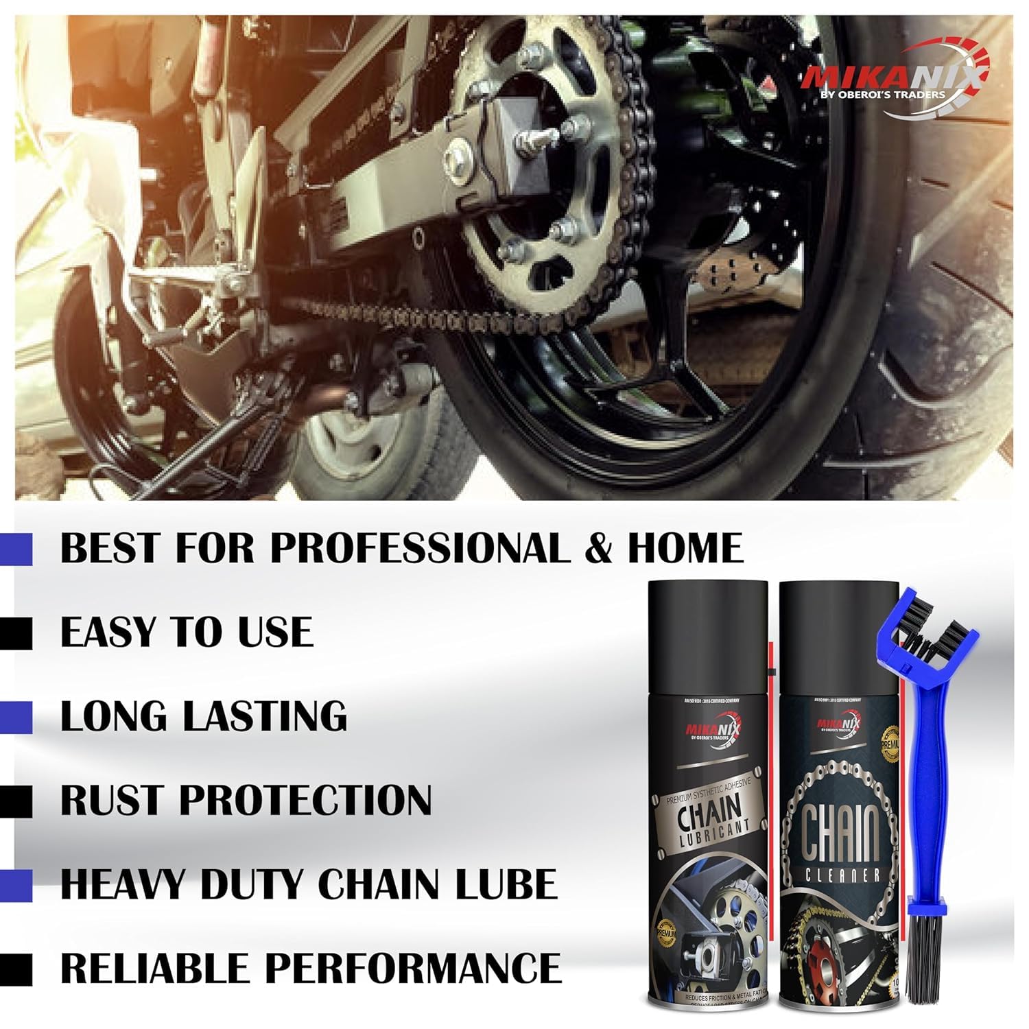MIKANIX Chain Care Combo for Motorcycles | Chain Cleaner, Chain Lubricant | Cleaning Brush with Paddock Wheel Roller | Complete Chain Cleaning Kit for All Bikes & Scooters