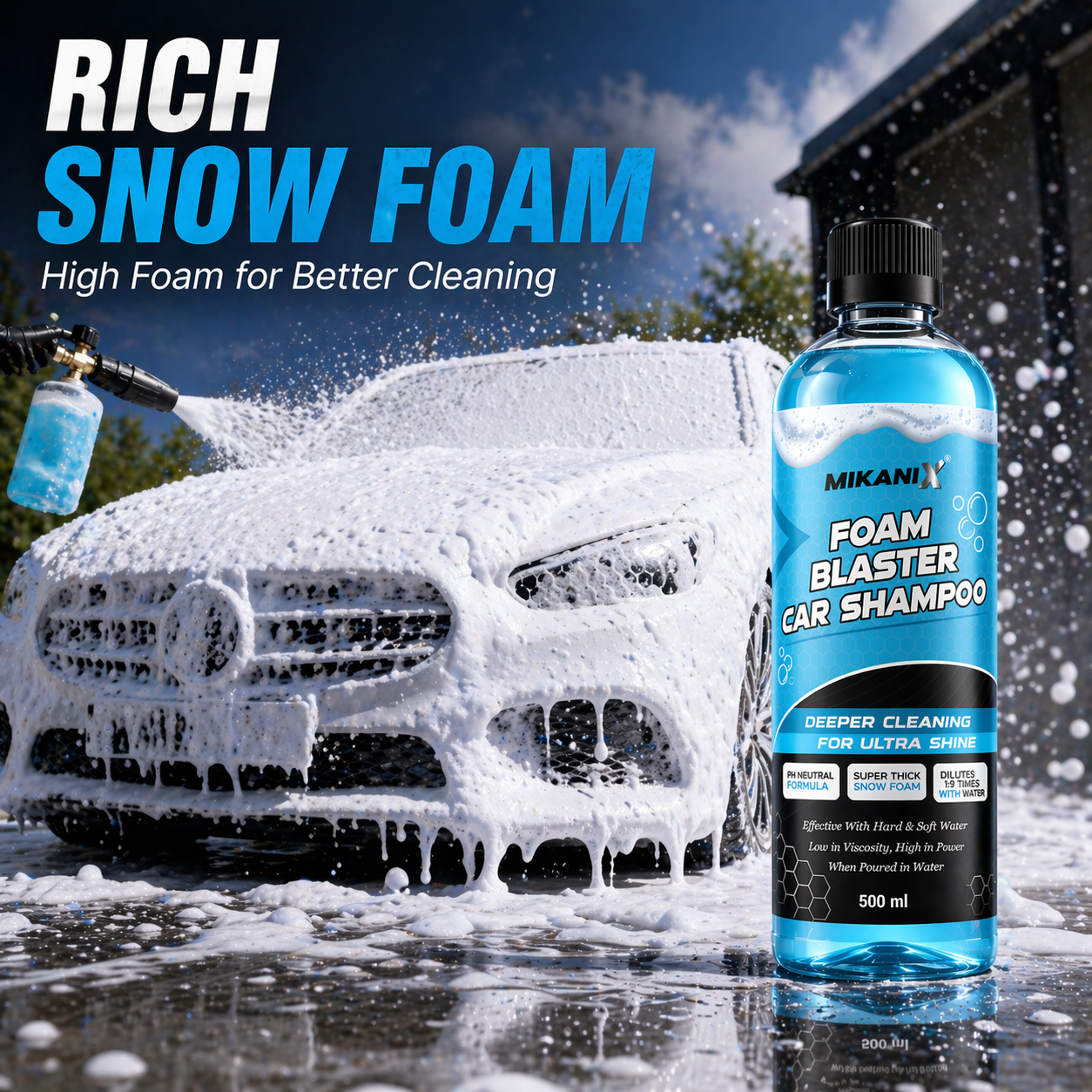 MIKANIX Foam Blaster Car Wash Shampoo | Concentrate Formula With Thick Foam to Remove Dirt & Grime for Car & Bike Exterior Cleaning | pH Neutral | 500 ML | Pack of 1