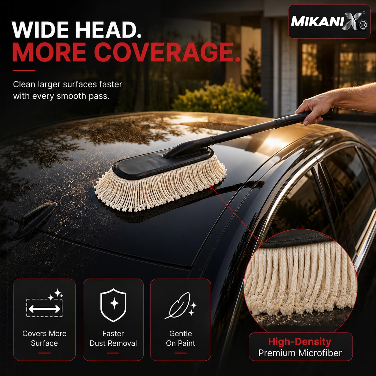 MIKANIX Soft Microfiber Car Duster Brush with Long Handle, Lint-Free & Scratch-Free Car Dust Cleaner | Paraffin Wax-Treated Cotton Fibers for Car, Bike, SUV, Truck & Dashboard