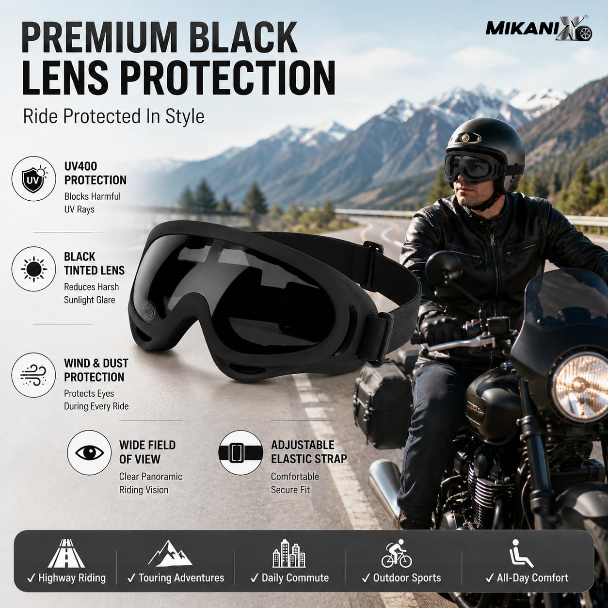 BRXR Motorcycle Riding Eyewear Helmet Goggles Anti Scratch | UV Protective Windproof Dirt Shield For Cycling, Bike Riding Off Road Racing And Outdoor Activities (BLACK)