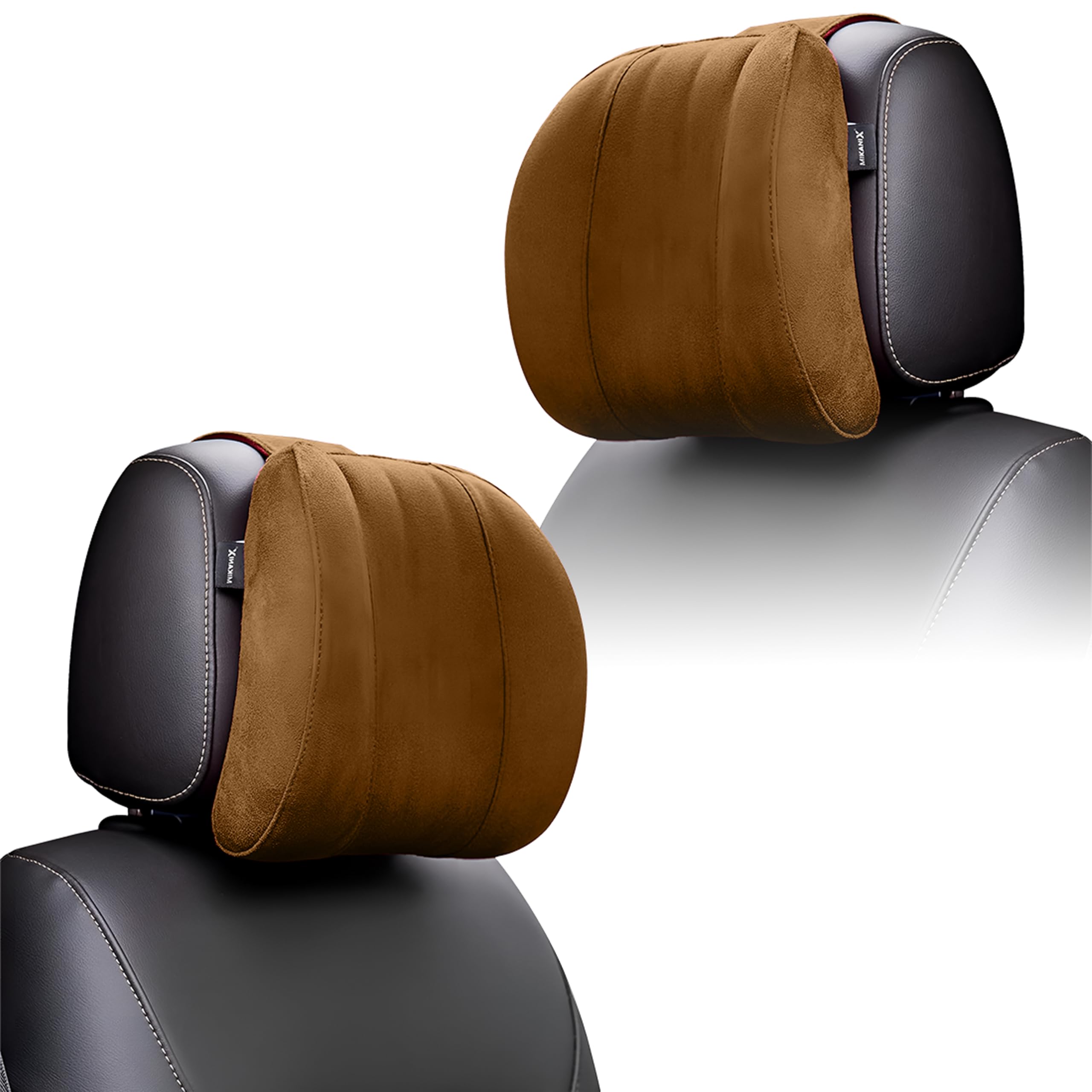 MIKANIX Car Headrest Pillow | Polyfill Fiber Cotton Neck/Head Support Cushion | Ergonomic Travel Headrest | Comfortable Car Seat Pillow | Breathable Soft Cover | Universal Fit (Brown)