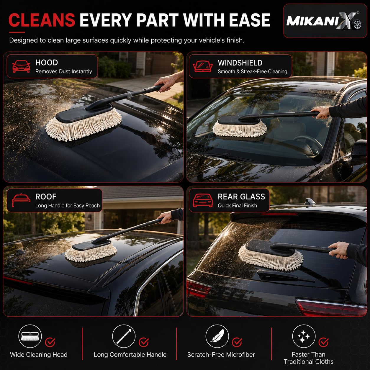 MIKANIX Soft Microfiber Car Duster Brush with Long Handle, Lint-Free & Scratch-Free Car Dust Cleaner | Paraffin Wax-Treated Cotton Fibers for Car, Bike, SUV, Truck & Dashboard