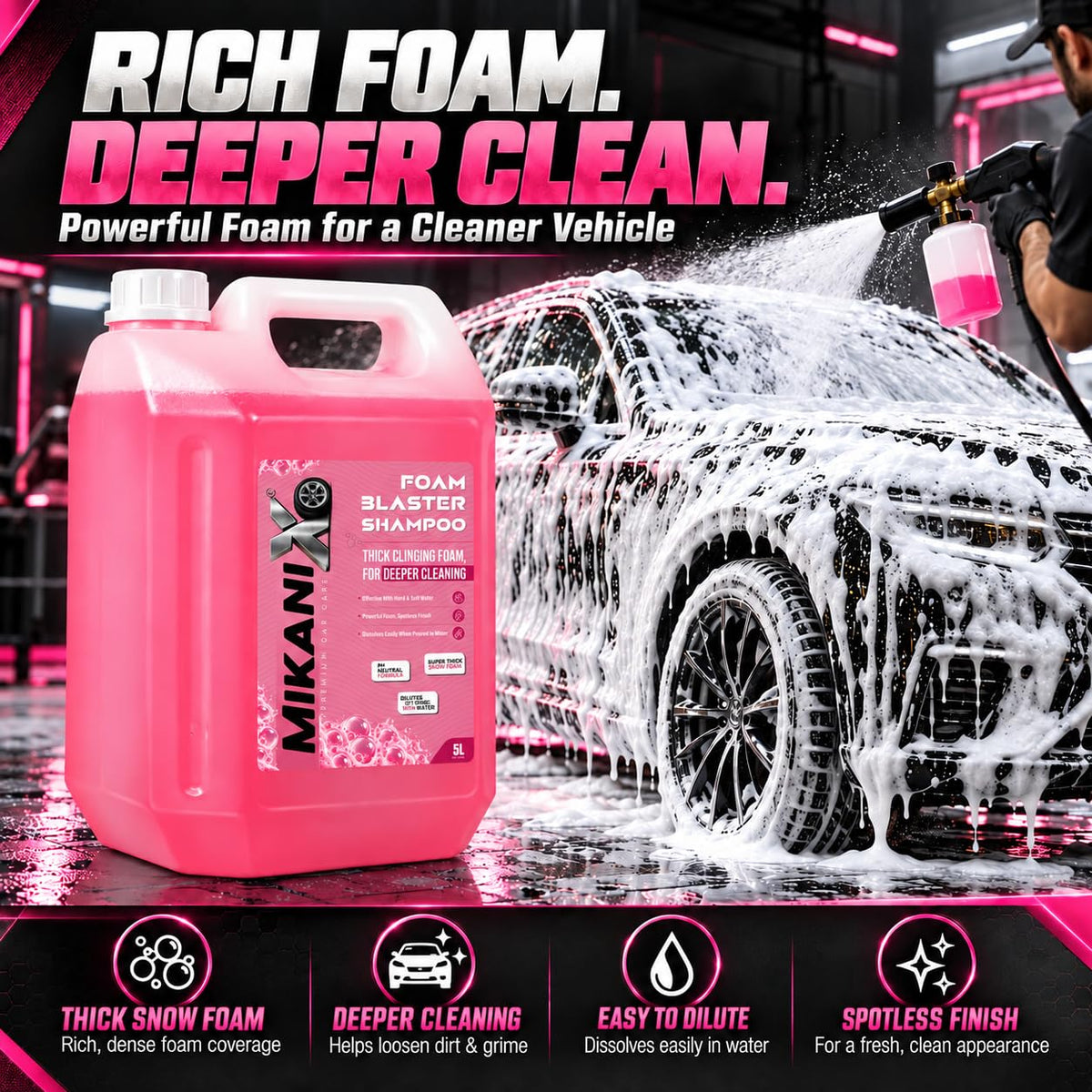 MIKANIX Car Wash Foam Blaster Concentrated Shampoo with Ceramic Shine | High Foam Car Wash Liquid for Cars & Bikes | Car Cleaning Shampoo ( 5 LTR )