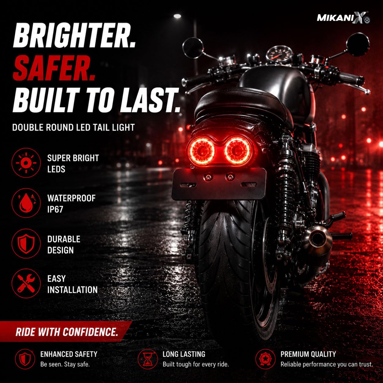 MIKANIX Universal Motorcycle Led Tail Light with Number Plate Bracket | Retro Dual Round Rear Brake Stop Lamp & Indicator for Cafe Racer, Bobber & Custom Bikes