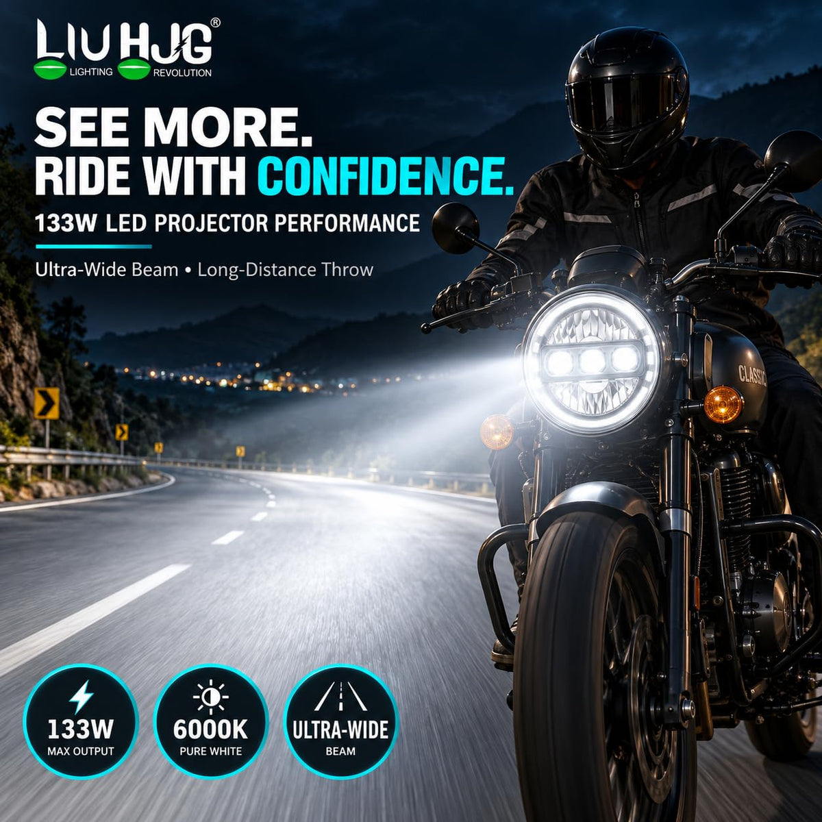 MIKANIX 7-Inch LED Projector HJG Motorcycle Headlight | Dual Beam Low & High Beam | 55W Low Beam | 78W High Beam With Blue & Amber Mode Universal For Thar, Suv & Bike's