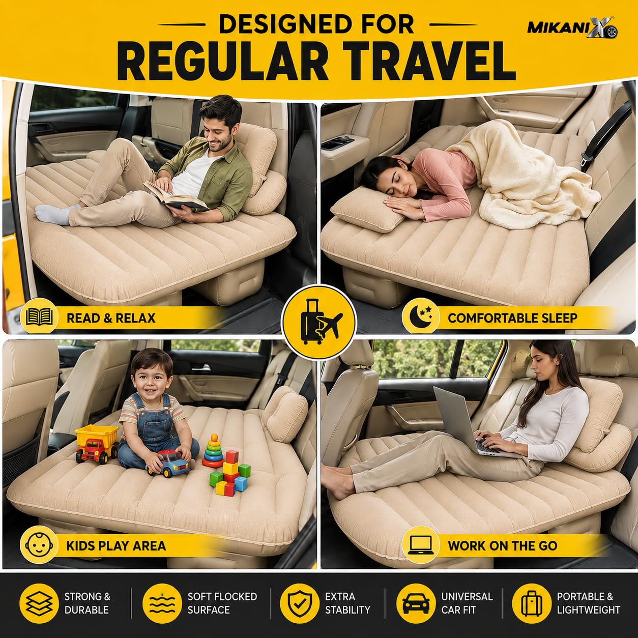 MIKANIX Inflatable Car Mattress Back Seat Air Bed for SUV, Sedan & Truck Travel | Portable Camping Air Mattress Bed with Portable Electric Air Pump, 2 Pillows, Repair Kit & Head Protection