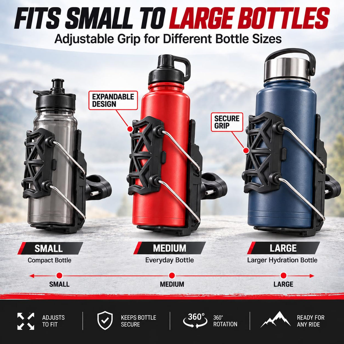 MIKANIX Adjustable Water Bottle Holder | Bottle Cage with Secure Mounting Bracket | Anti-Slip Secure Holder Heavy-Duty Bottle Stand for Bike, Cycling, Scooter, ATV & Bicycle